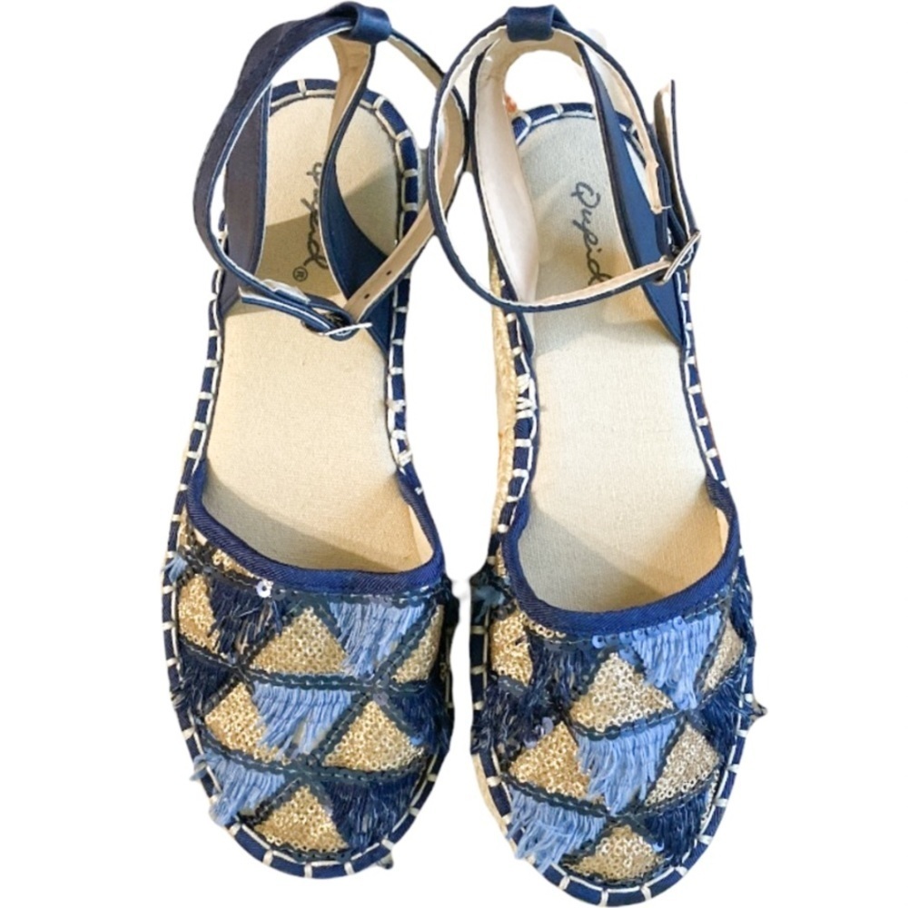 Qupid Sora fringe sequin espadrille blue flats 7 - Picture 2 of 12